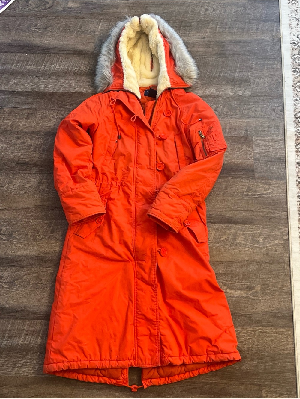 Nautica Womens Orange Long Parka Coat Sz Small Fur Trim Hooded Full-Zip Pockets